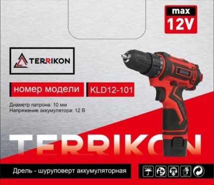 Дрель-шуруповерт аккумуляторная TERRIKON KLD12-101(12V,2АКБпо2,0А.ч., кейс, 10 мм)